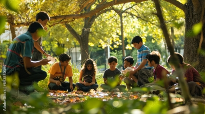 Children learning in outdoor classroom under a tree in autumn